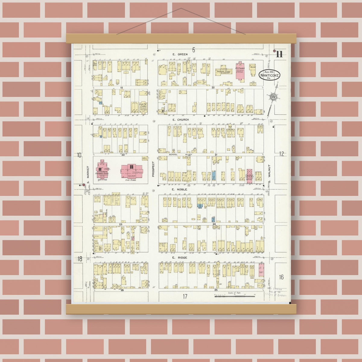Old map wall art mockup — magnetic wood frame on brick wall — Sanborn Fire Insurance Map from Nanticoke, Luzerne County, Pennsylvania (1912), Sheet #0011
