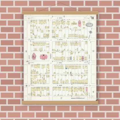 Old map wall art mockup — magnetic wood frame on brick wall — Sanborn Fire Insurance Map from Nanticoke, Luzerne County, Pennsylvania (1912), Sheet #0011
