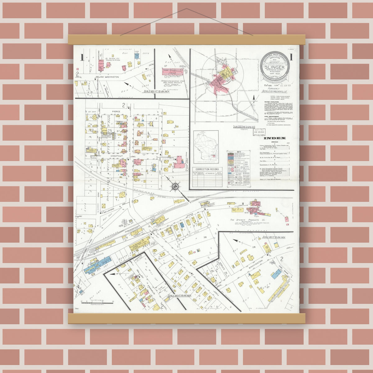 Old map wall art mockup — magnetic wood frame on brick wall — Sanborn Fire Insurance Map from Slinger, Washington County, Wisconsin (1933) - Complete Map Set