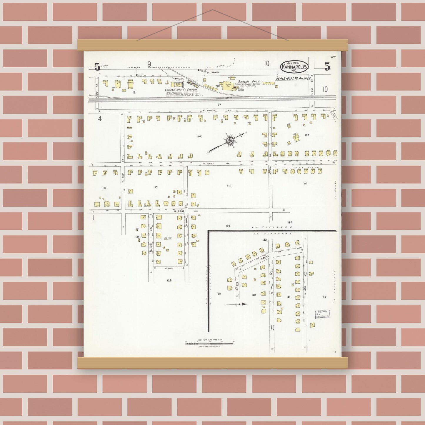 Old map wall art mockup — magnetic wood frame on brick wall — Sanborn Fire Insurance Map from Kannapolis, Rowan And Cabarrus Counties, North Carolina (1926), Sheet #0005