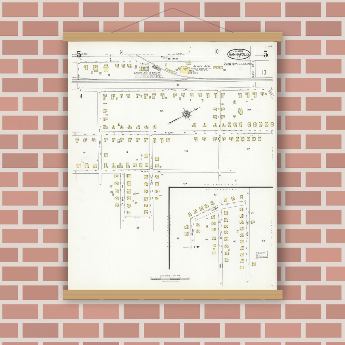 Old map wall art mockup — magnetic wood frame on brick wall — Sanborn Fire Insurance Map from Kannapolis, Rowan And Cabarrus Counties, North Carolina (1926), Sheet #0005