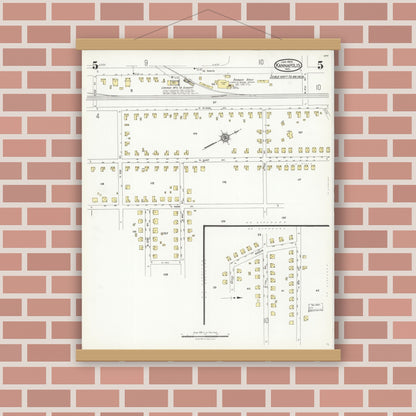 Old map wall art mockup — magnetic wood frame on brick wall — Sanborn Fire Insurance Map from Kannapolis, Rowan And Cabarrus Counties, North Carolina (1926), Sheet #0005