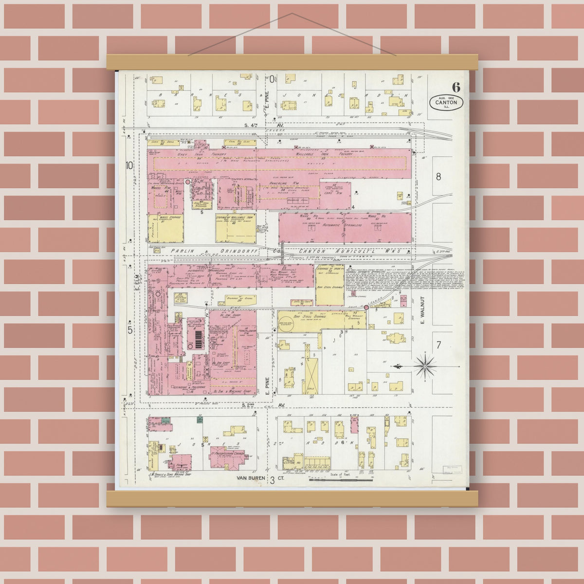Old map wall art mockup — magnetic wood frame on brick wall — Sanborn Fire Insurance Map from Canton, Fulton County, Illinois (1902), Sheet #0006