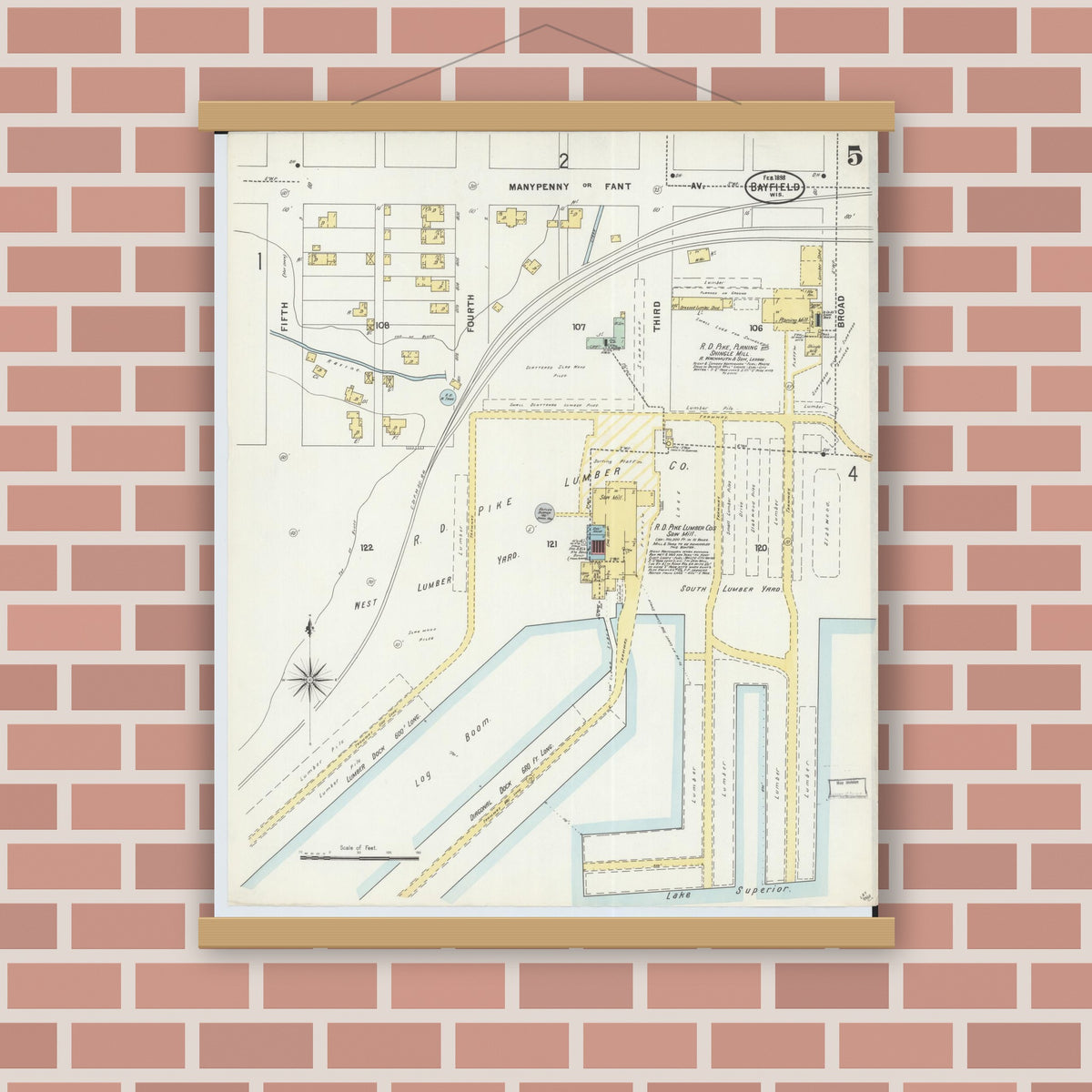 Old map wall art mockup — magnetic wood frame on brick wall — Sanborn Fire Insurance Map from Bayfield, Bayfield County, Wisconsin (1898), Sheet #0005