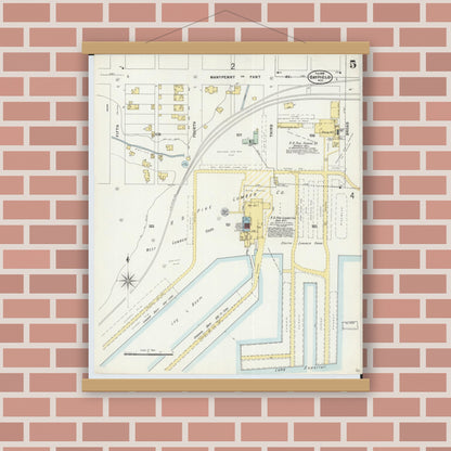 Old map wall art mockup — magnetic wood frame on brick wall — Sanborn Fire Insurance Map from Bayfield, Bayfield County, Wisconsin (1898), Sheet #0005