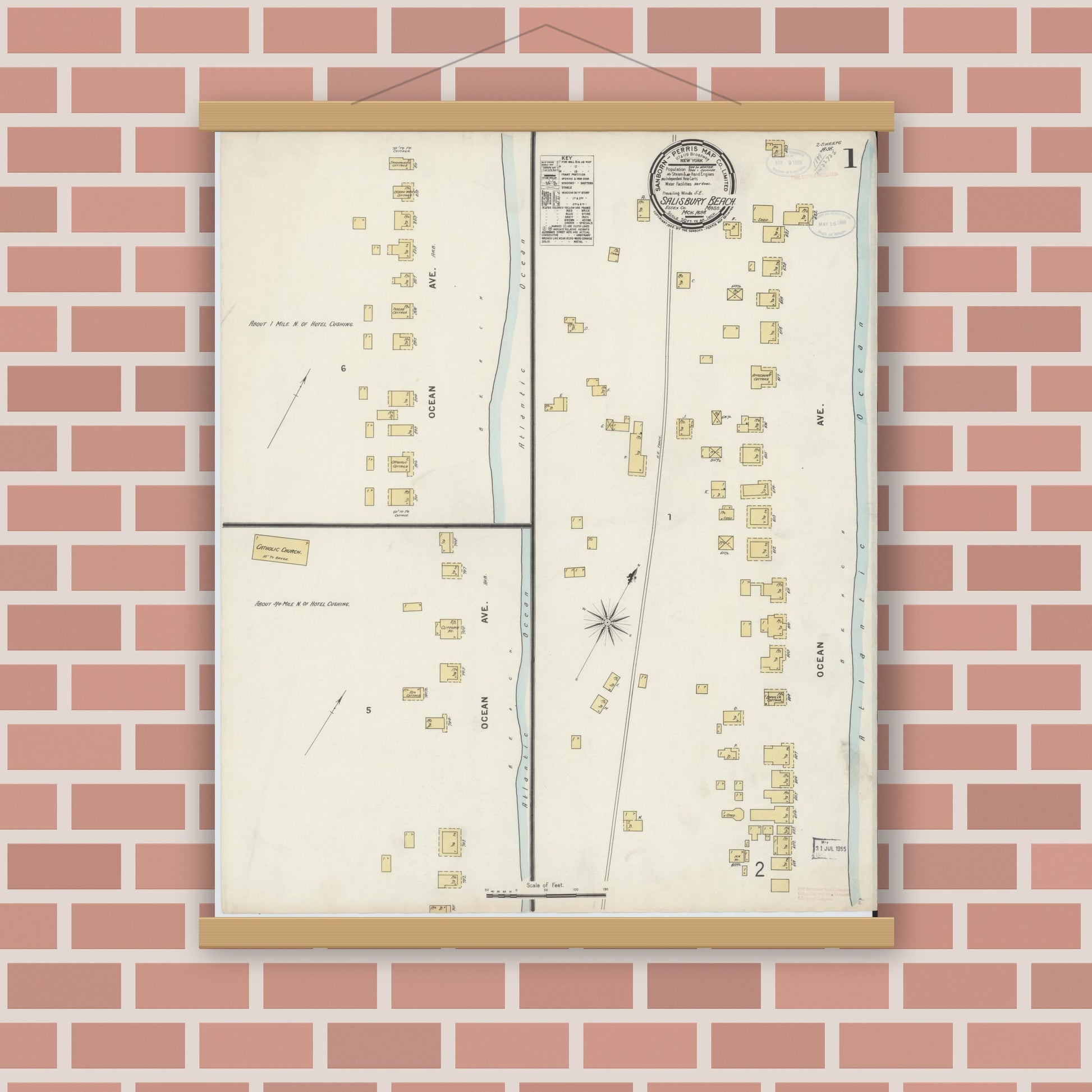 Old map wall art mockup — magnetic wood frame on brick wall — Sanborn Fire Insurance Map from Salisbury, Essex County, Massachusetts (1898), Sheet #0001