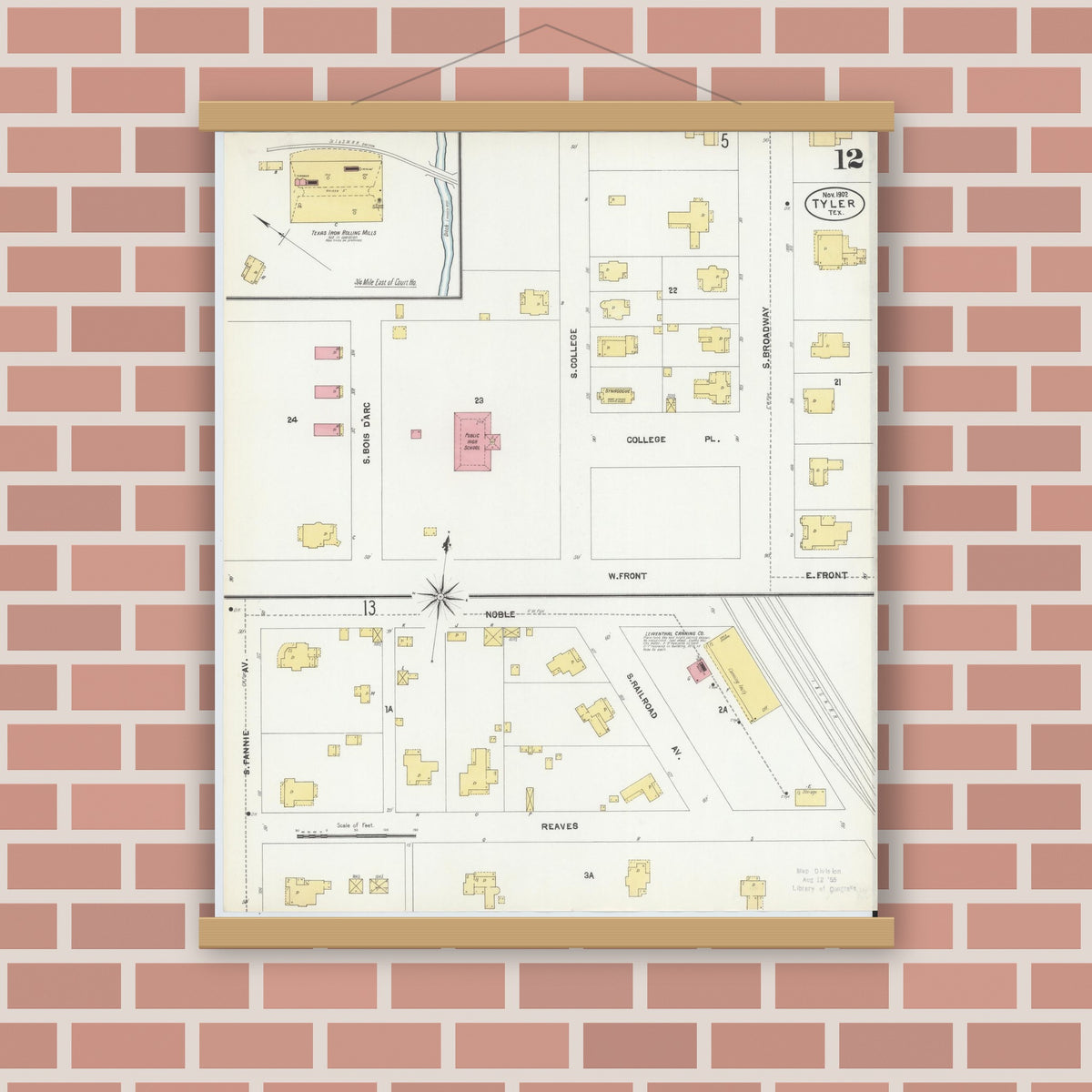 Old map wall art mockup — magnetic wood frame on brick wall — Sanborn Fire Insurance Map from Tyler, Smith County, Texas (1902), Sheet #0012