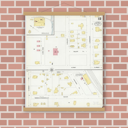 Old map wall art mockup — magnetic wood frame on brick wall — Sanborn Fire Insurance Map from Tyler, Smith County, Texas (1902), Sheet #0012
