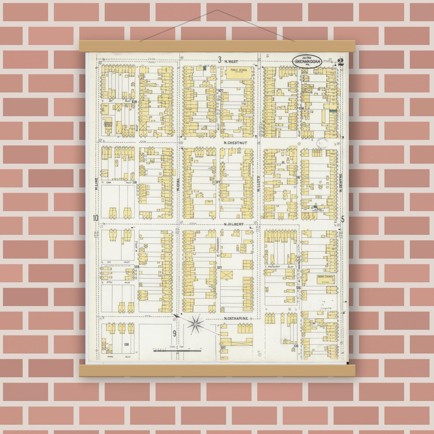 Old map wall art mockup — magnetic wood frame on brick wall — Sanborn Fire Insurance Map from Shenandoah, Schuylkill County, Pennsylvania (1902), Sheet #0002