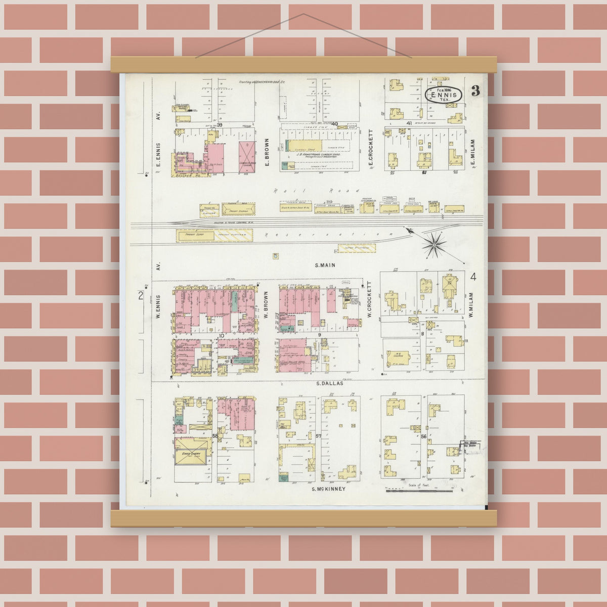 Old map wall art mockup — magnetic wood frame on brick wall — Sanborn Fire Insurance Map from Ennis, Ellis County, Texas (1896), Sheet #0003