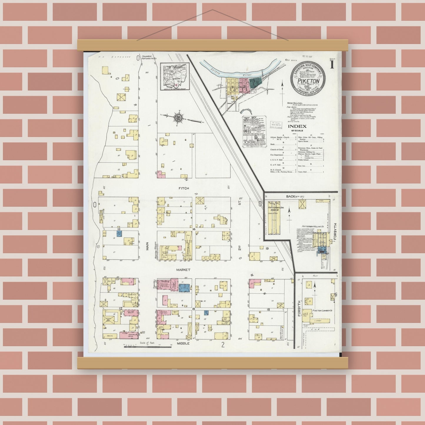 Old map wall art mockup — magnetic wood frame on brick wall — Sanborn Fire Insurance Map from Piketon, Pike County, Ohio (1921) - Complete Map Set