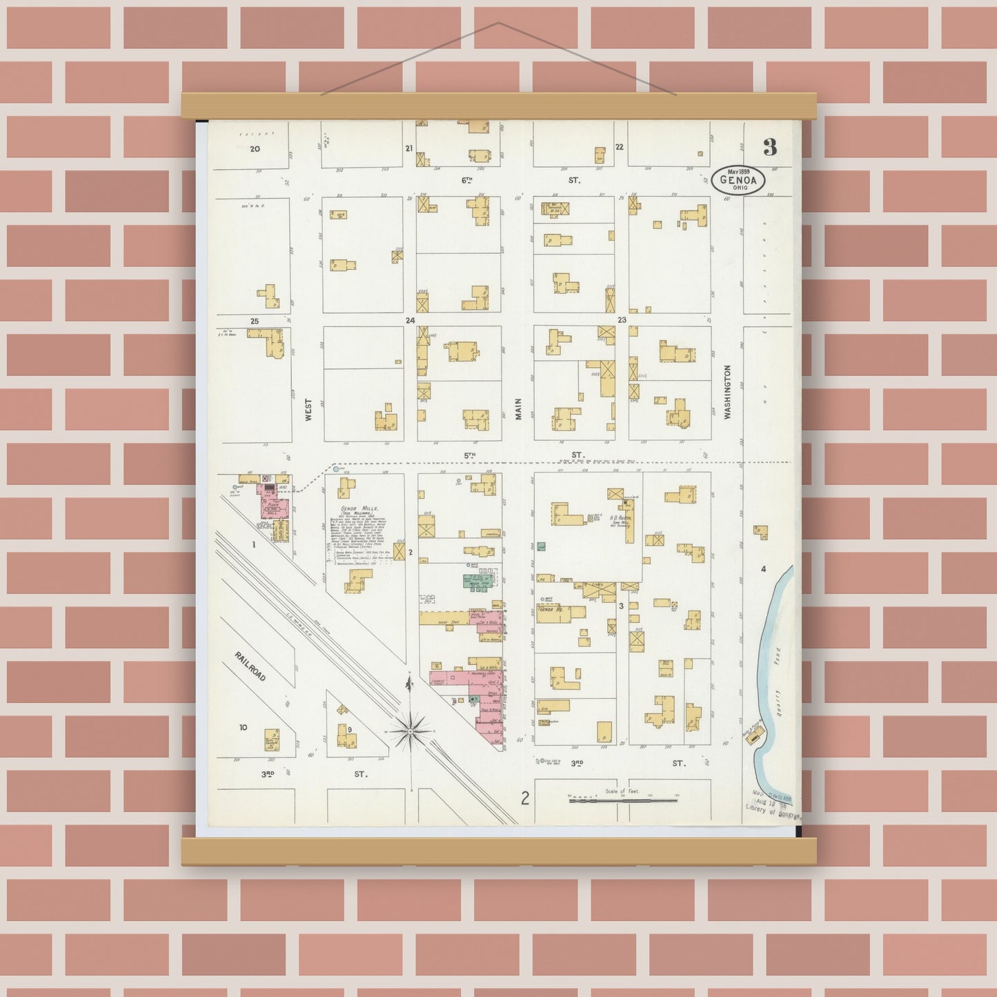 Old map wall art mockup — magnetic wood frame on brick wall — Sanborn Fire Insurance Map from Genoa, Ottawa County, Ohio (1899), Sheet #0003