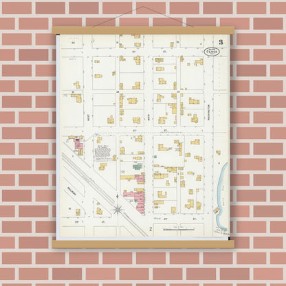 Old map wall art mockup — magnetic wood frame on brick wall — Sanborn Fire Insurance Map from Genoa, Ottawa County, Ohio (1899), Sheet #0003