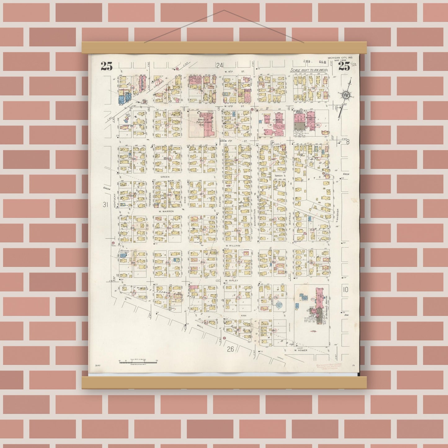 Old map wall art mockup — magnetic wood frame on brick wall — Sanborn Fire Insurance Map from Michigan City, La Porte County, Indiana (1948), Sheet #0025