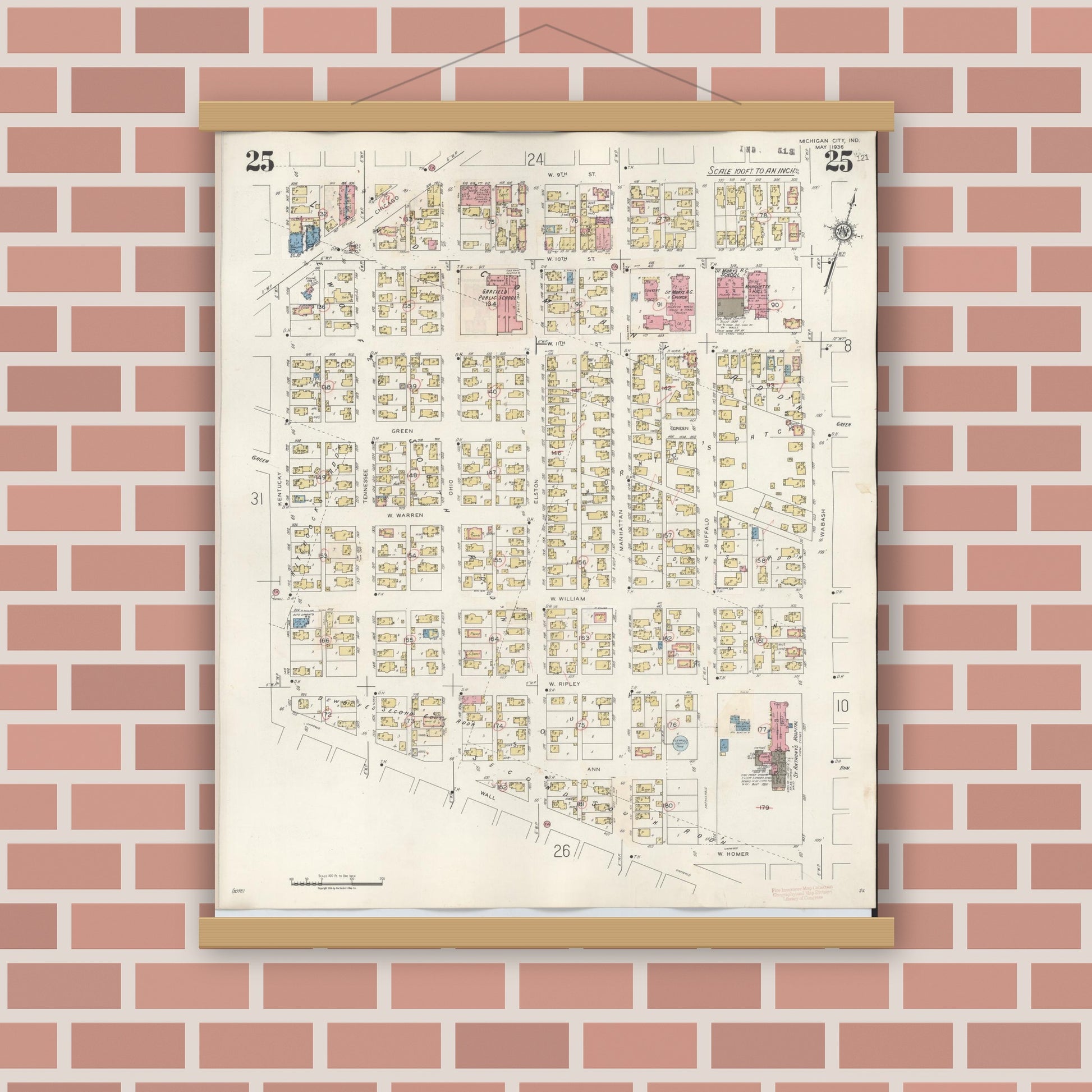 Old map wall art mockup — magnetic wood frame on brick wall — Sanborn Fire Insurance Map from Michigan City, La Porte County, Indiana (1948), Sheet #0025