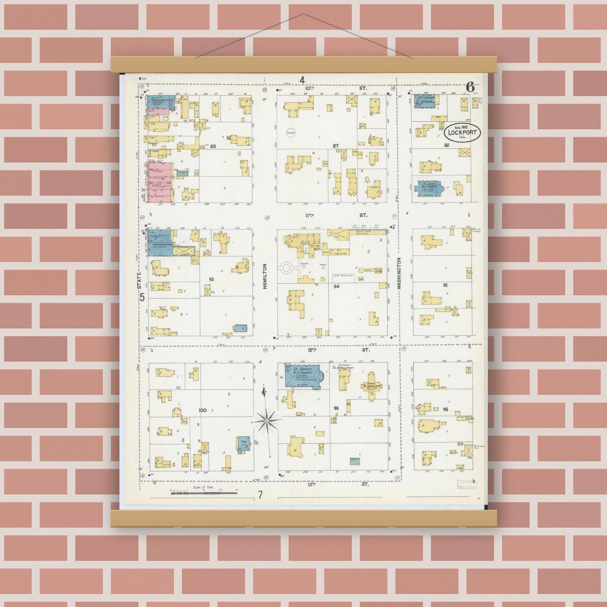 Old map wall art mockup — magnetic wood frame on brick wall — Sanborn Fire Insurance Map from Lockport, Will County, Illinois (1902), Sheet #0006