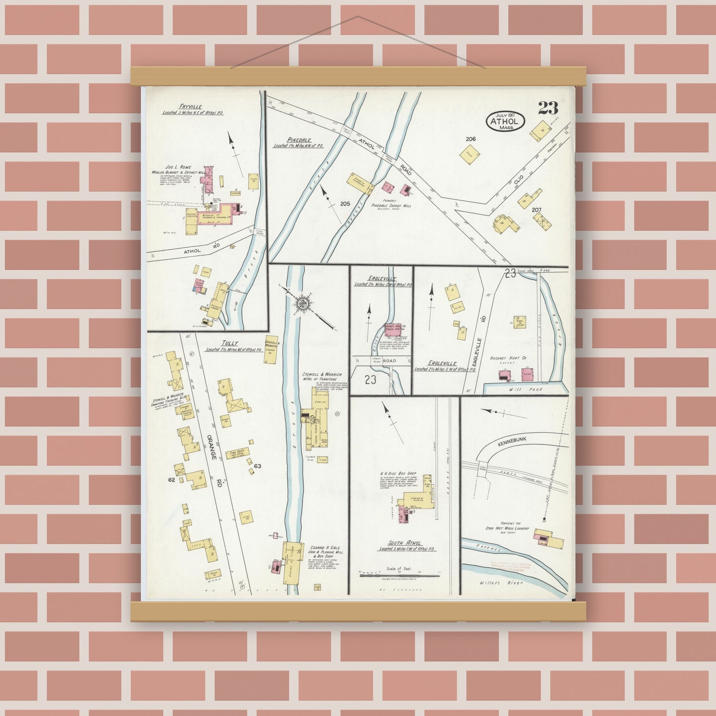 Old map wall art mockup — magnetic wood frame on brick wall — Sanborn Fire Insurance Map from Athol, Worcester County, Massachusetts (1917), Sheet #0023