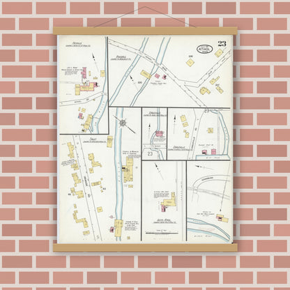 Old map wall art mockup — magnetic wood frame on brick wall — Sanborn Fire Insurance Map from Athol, Worcester County, Massachusetts (1917), Sheet #0023
