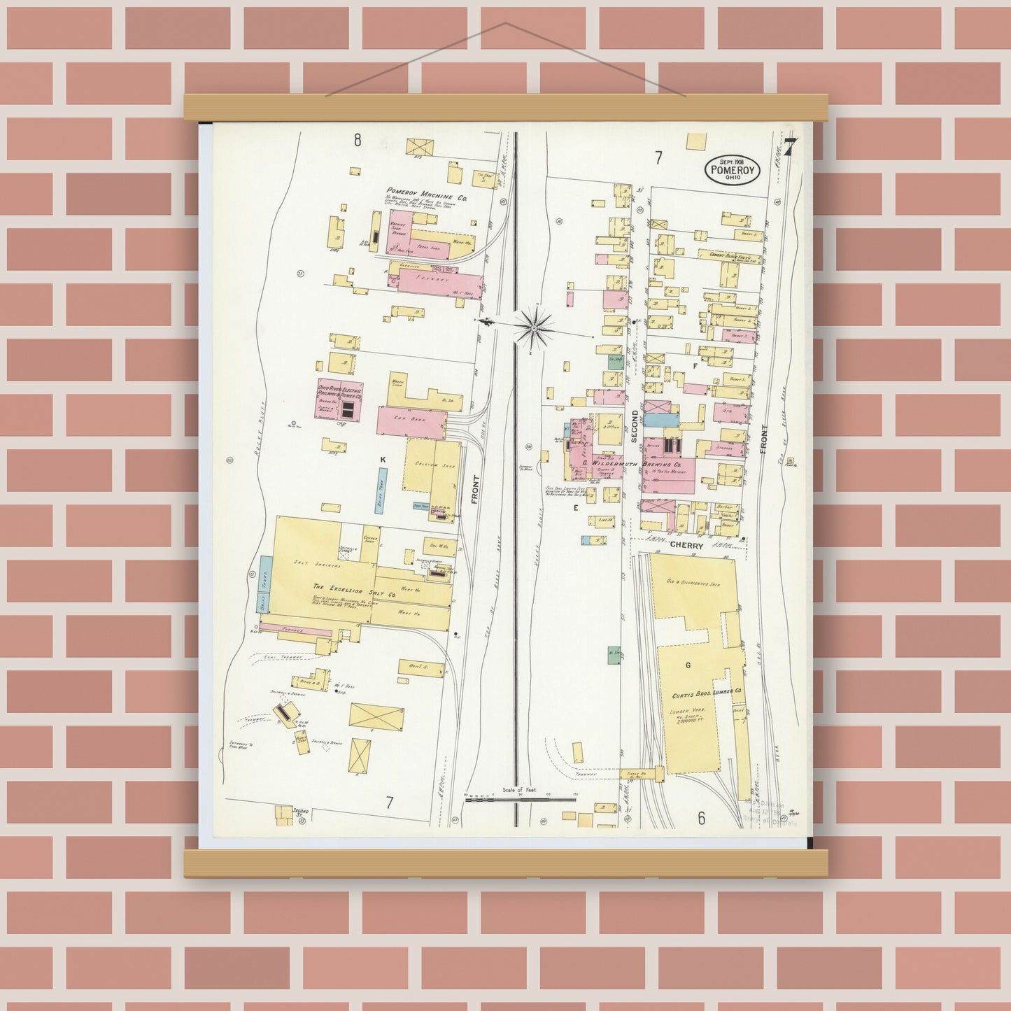 Old map wall art mockup — magnetic wood frame on brick wall — Sanborn Fire Insurance Map from Pomeroy, Meigs County, Ohio (1908), Sheet #0007