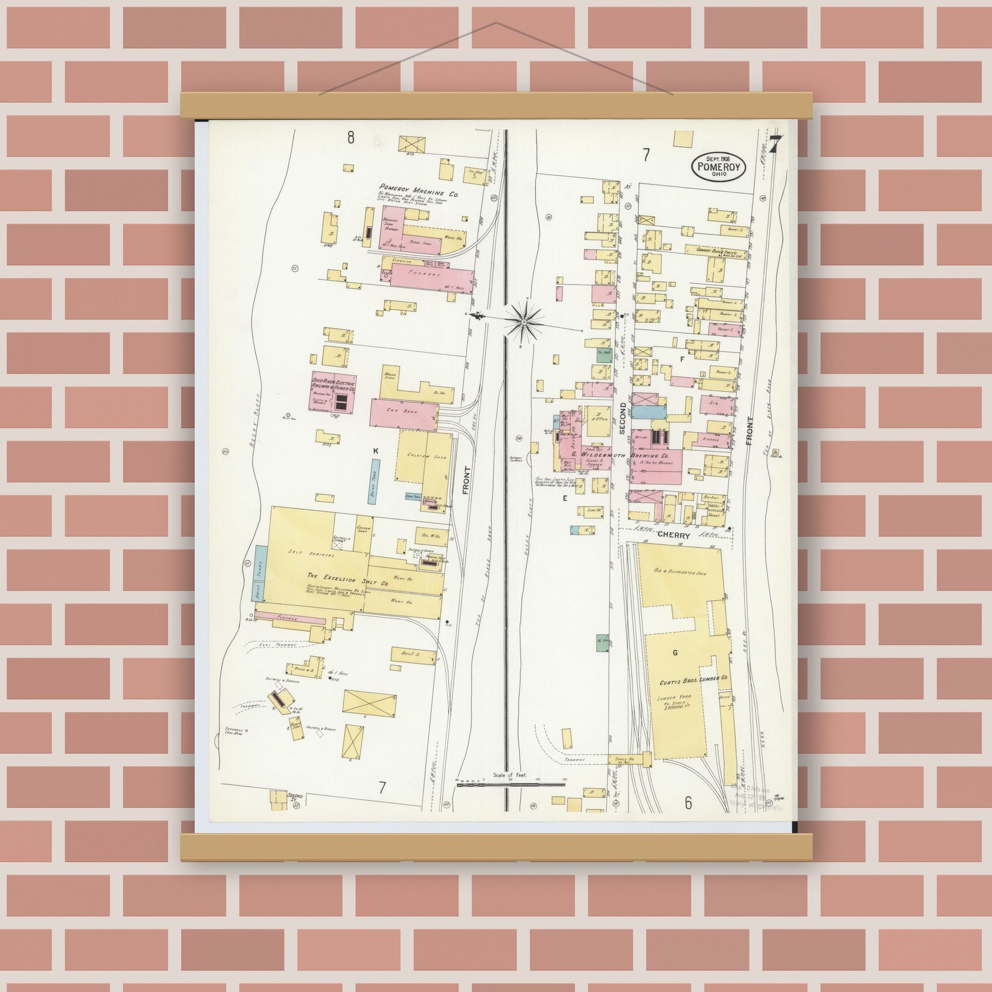 Old map wall art mockup — magnetic wood frame on brick wall — Sanborn Fire Insurance Map from Pomeroy, Meigs County, Ohio (1908), Sheet #0007