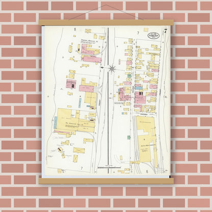 Old map wall art mockup — magnetic wood frame on brick wall — Sanborn Fire Insurance Map from Pomeroy, Meigs County, Ohio (1908), Sheet #0007
