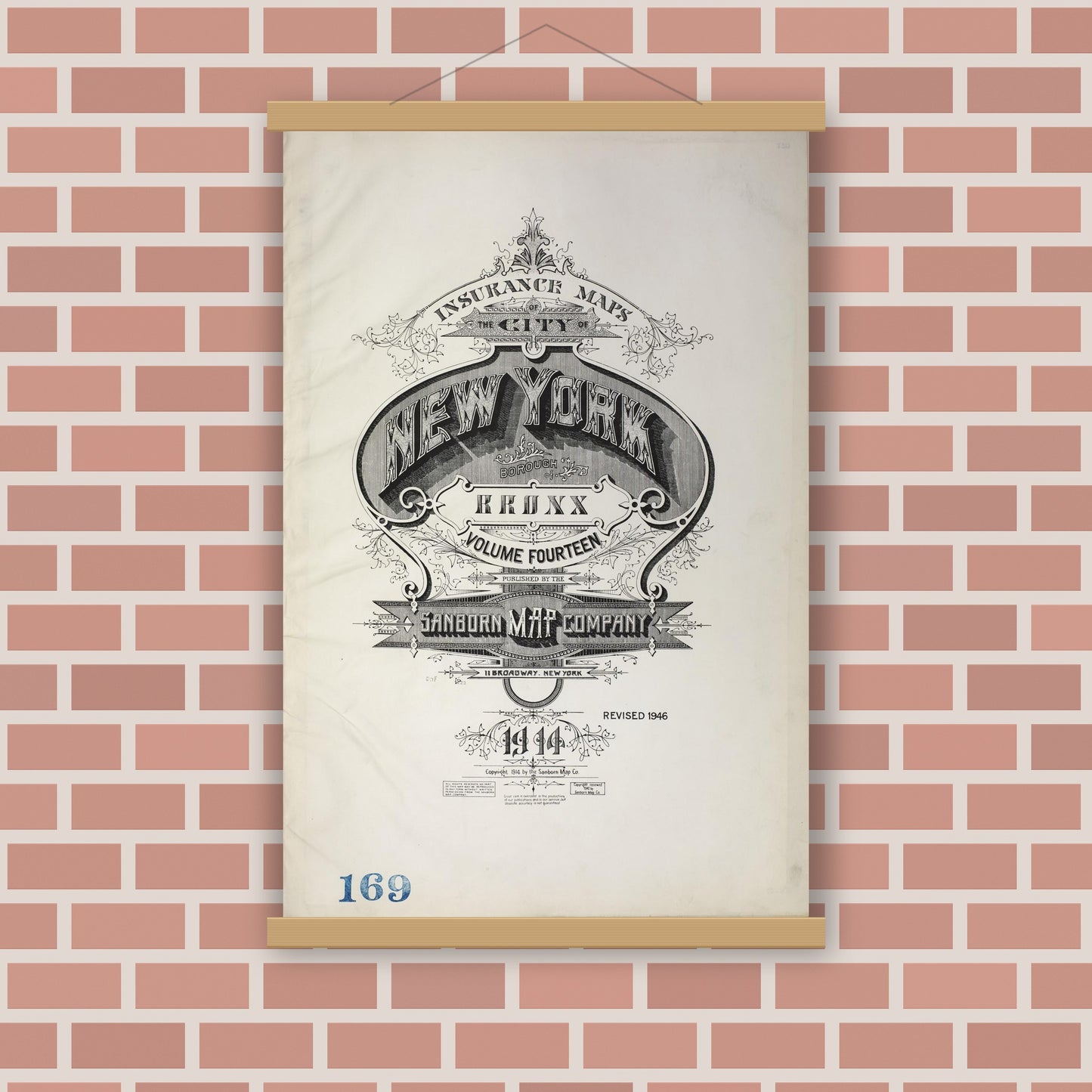 Old map wall art mockup — magnetic wood frame on brick wall — Sanborn Fire Insurance Map from New York, Bronx, Manhattan, New York (1946), Sheet #0001
