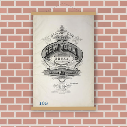 Old map wall art mockup — magnetic wood frame on brick wall — Sanborn Fire Insurance Map from New York, Bronx, Manhattan, New York (1946), Sheet #0001