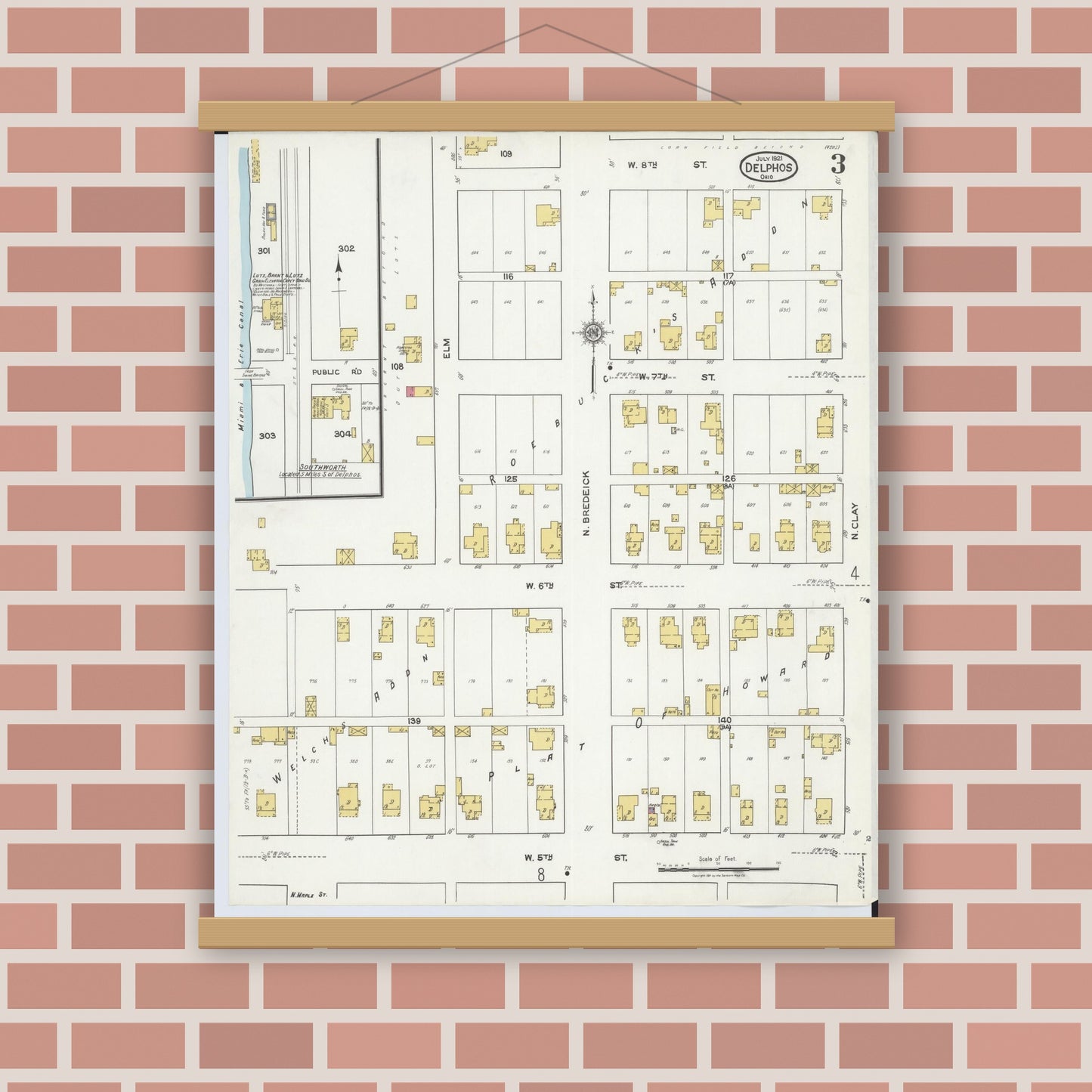 Old map wall art mockup — magnetic wood frame on brick wall — Sanborn Fire Insurance Map from Delphos, Van Wert And Allen Counties, Ohio (1921), Sheet #0003