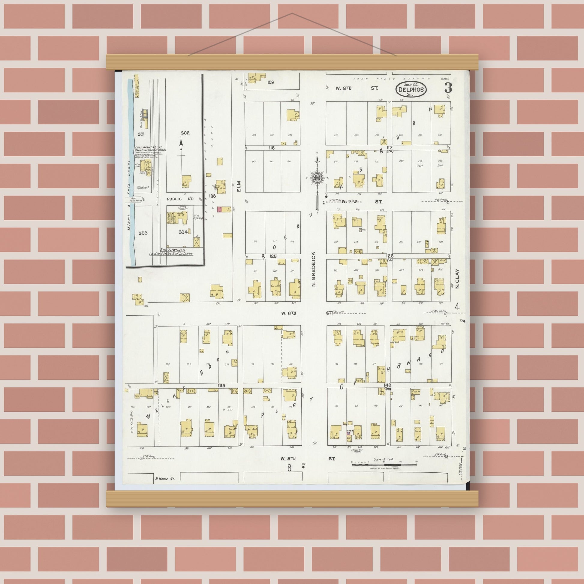Old map wall art mockup — magnetic wood frame on brick wall — Sanborn Fire Insurance Map from Delphos, Van Wert And Allen Counties, Ohio (1921), Sheet #0003