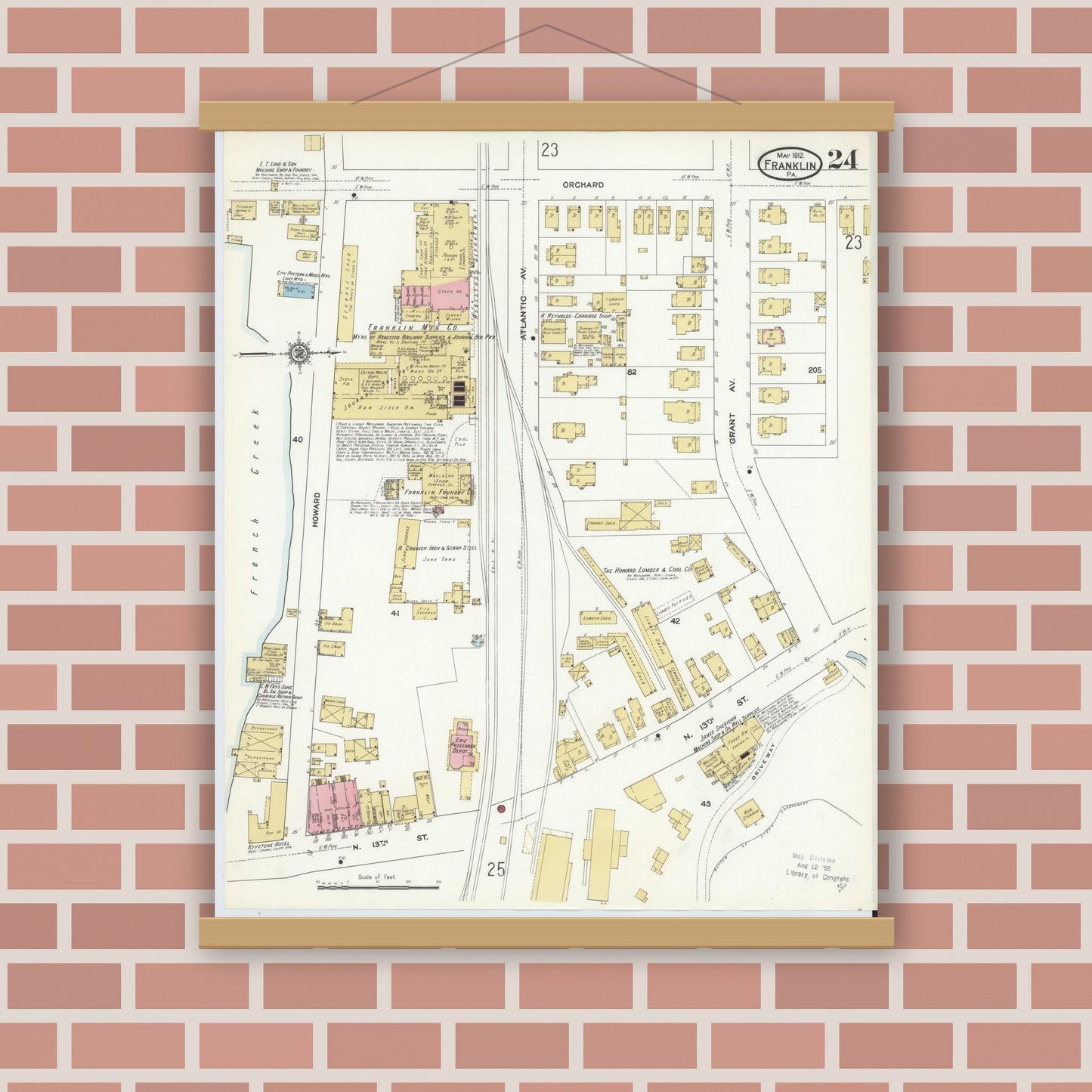 Old map wall art mockup — magnetic wood frame on brick wall — Sanborn Fire Insurance Map from Franklin, Venango County, Pennsylvania (1912), Sheet #0024