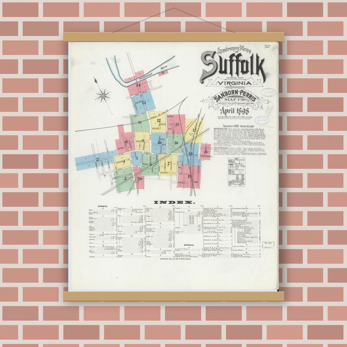 Old map wall art mockup — magnetic wood frame on brick wall — Sanborn Fire Insurance Map from Suffolk, Independent Cities, Virginia (1898) - Complete Map Set