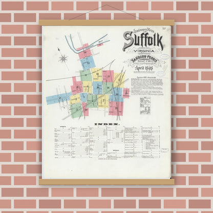 Old map wall art mockup — magnetic wood frame on brick wall — Sanborn Fire Insurance Map from Suffolk, Independent Cities, Virginia (1898) - Complete Map Set