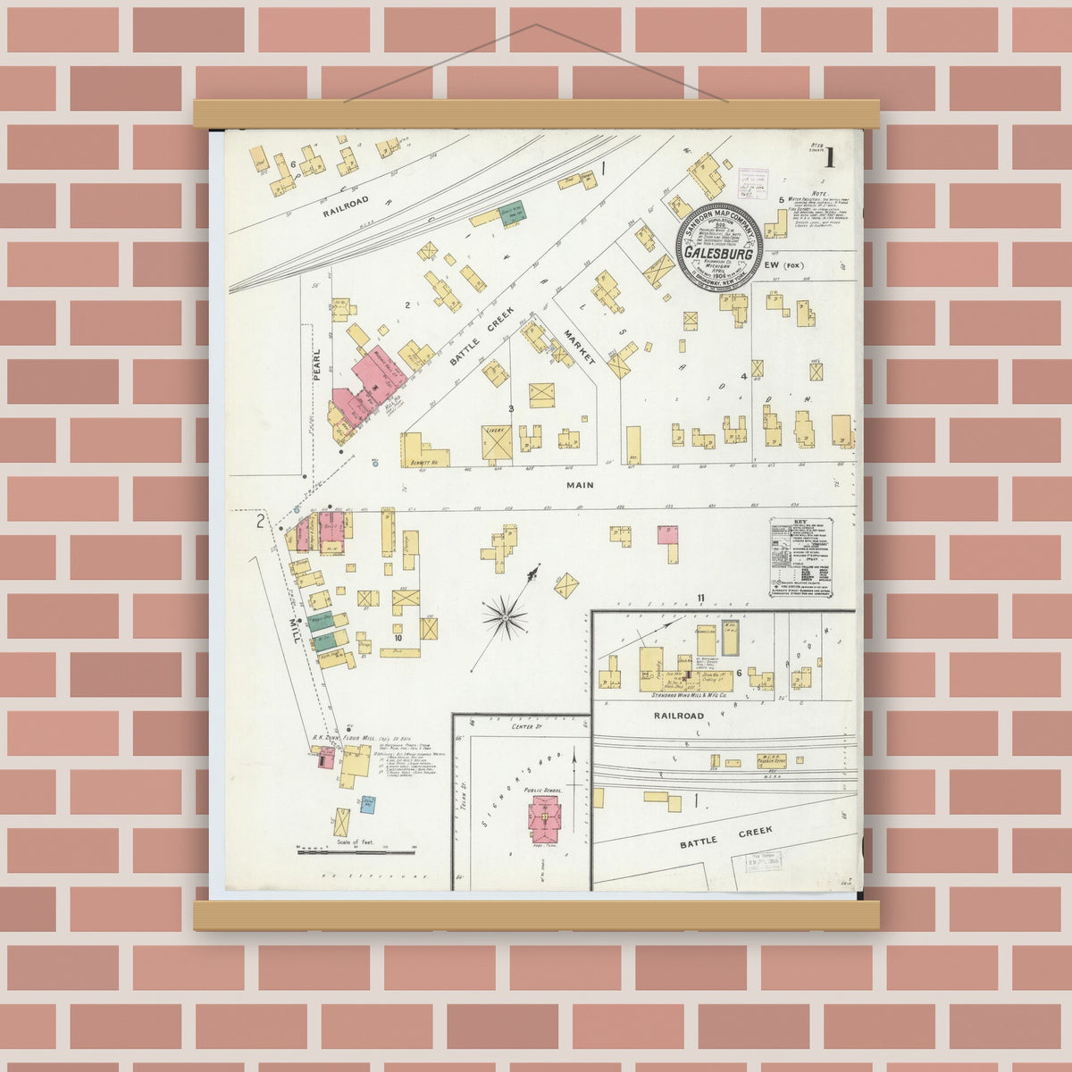Old map wall art mockup — magnetic wood frame on brick wall — Sanborn Fire Insurance Map from Galesburg, Kalamazoo County, Michigan (1906), Sheet #0001