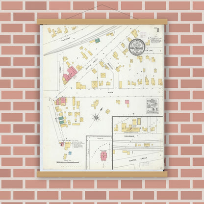 Old map wall art mockup — magnetic wood frame on brick wall — Sanborn Fire Insurance Map from Galesburg, Kalamazoo County, Michigan (1906), Sheet #0001