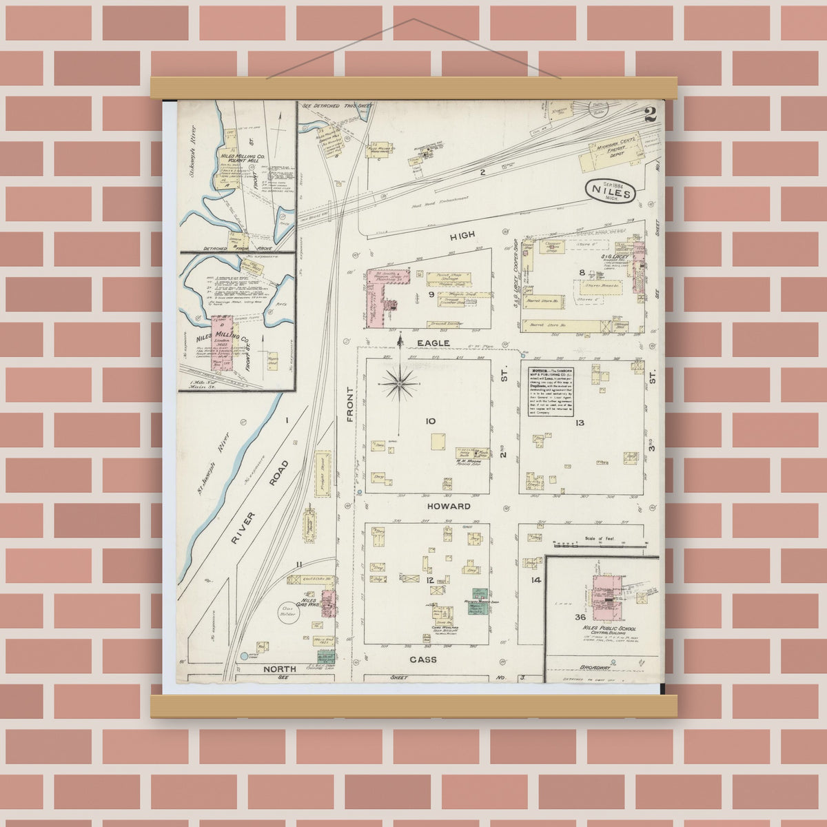 Old map wall art mockup — magnetic wood frame on brick wall — Sanborn Fire Insurance Map from Niles, Berrien County, Michigan (1884), Sheet #0002