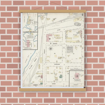 Old map wall art mockup — magnetic wood frame on brick wall — Sanborn Fire Insurance Map from Niles, Berrien County, Michigan (1884), Sheet #0002