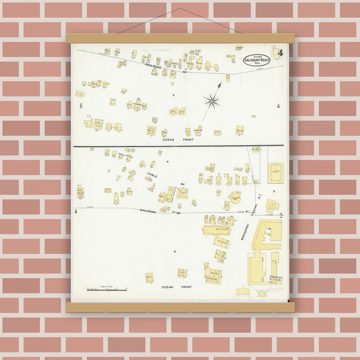 Old map wall art mockup — magnetic wood frame on brick wall — Sanborn Fire Insurance Map from Salisbury, Essex County, Massachusetts (1909), Sheet #0004