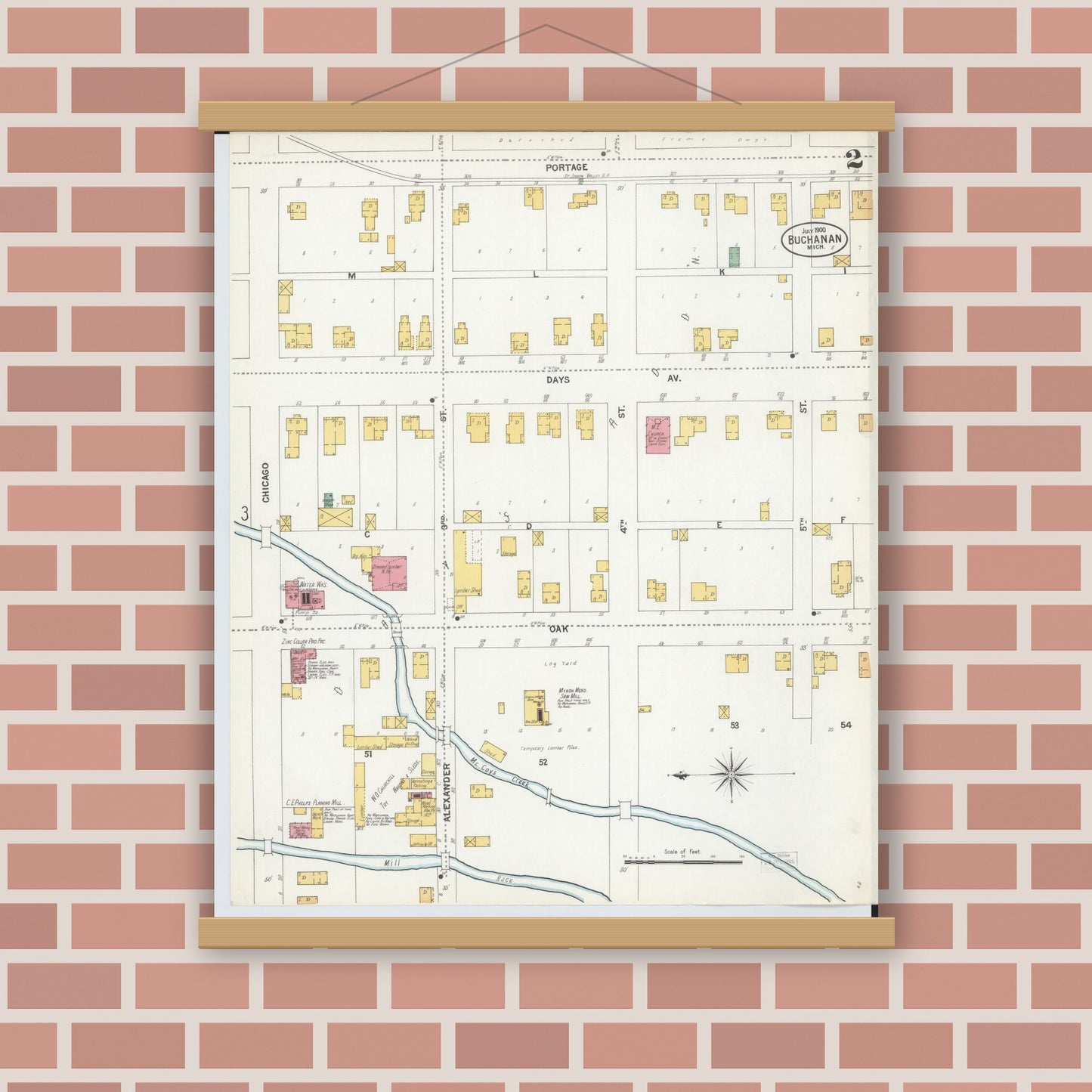 Old map wall art mockup — magnetic wood frame on brick wall — Sanborn Fire Insurance Map from Buchanan, Berrien County, Michigan (1900), Sheet #0002