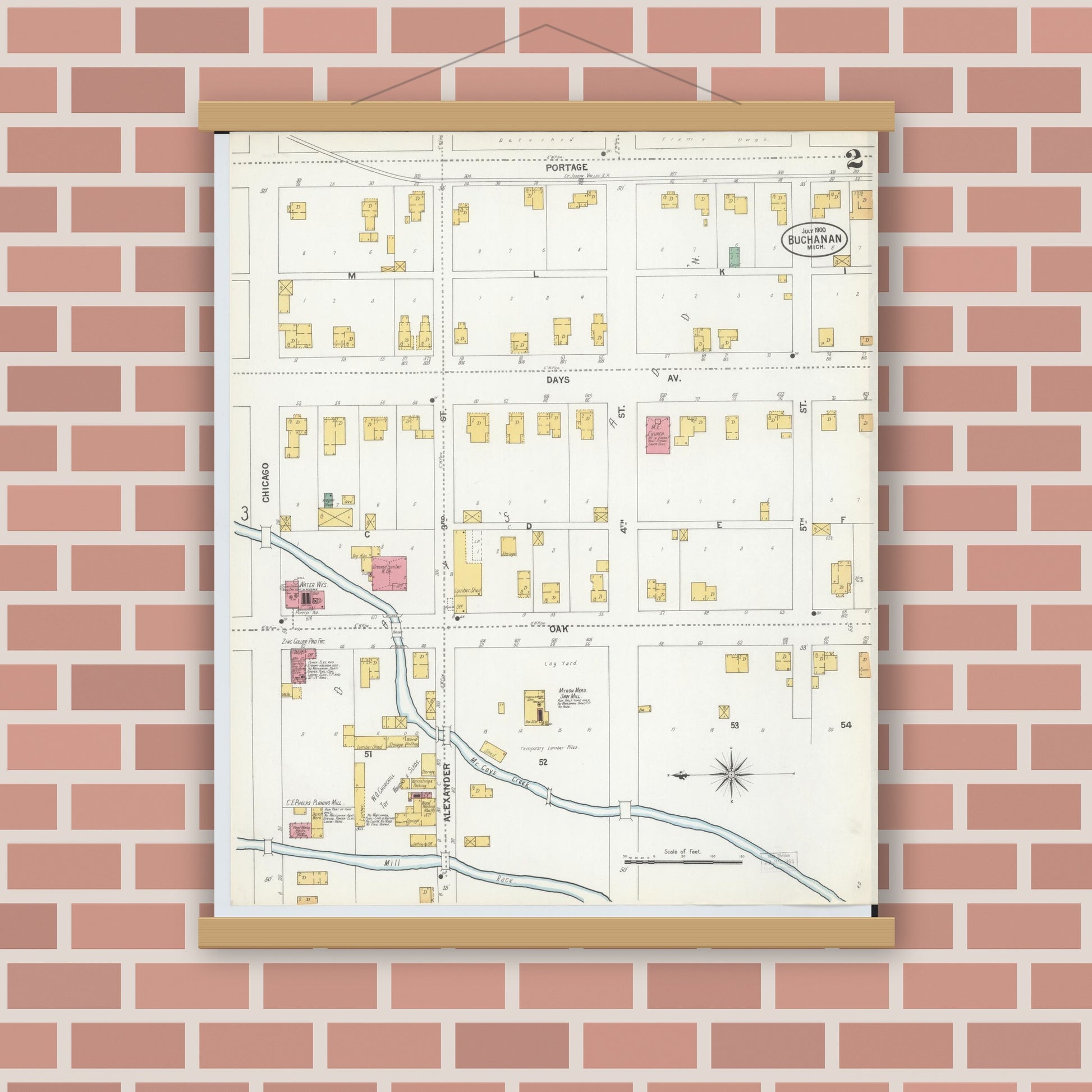 Old map wall art mockup — magnetic wood frame on brick wall — Sanborn Fire Insurance Map from Buchanan, Berrien County, Michigan (1900), Sheet #0002