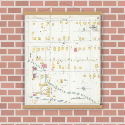 Old map wall art mockup — magnetic wood frame on brick wall — Sanborn Fire Insurance Map from Buchanan, Berrien County, Michigan (1900), Sheet #0002