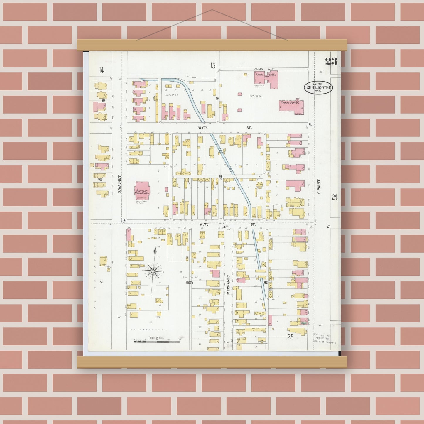 Old map wall art mockup — magnetic wood frame on brick wall — Sanborn Fire Insurance Map from Chillicothe, Ross County, Ohio (1900), Sheet #0023