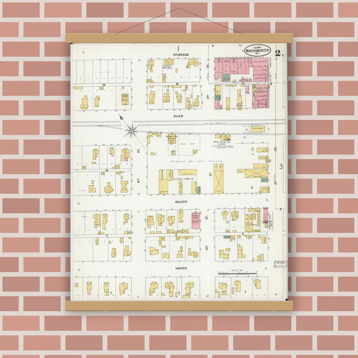Old map wall art mockup — magnetic wood frame on brick wall — Sanborn Fire Insurance Map from Montgomery City, Montgomery County, Missouri (1900), Sheet #0002