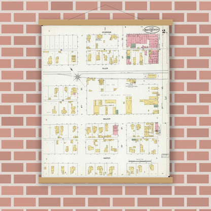 Old map wall art mockup — magnetic wood frame on brick wall — Sanborn Fire Insurance Map from Montgomery City, Montgomery County, Missouri (1900), Sheet #0002