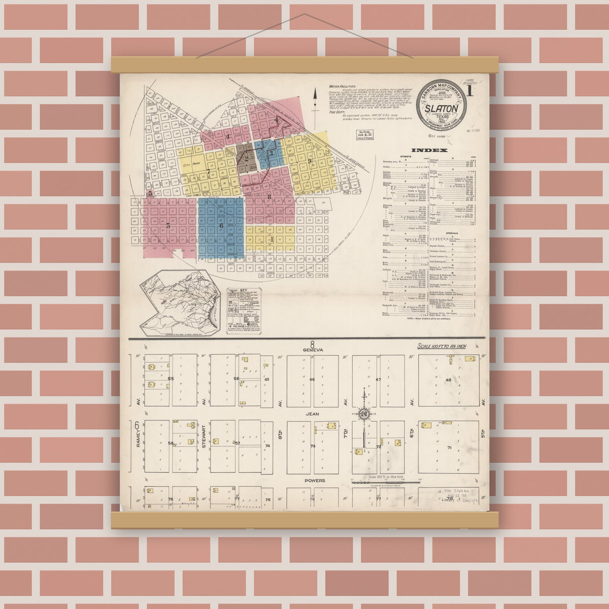 Old map wall art mockup — magnetic wood frame on brick wall — Sanborn Fire Insurance Map from Slaton, Lubbock County, Texas (1922), Sheet #0001