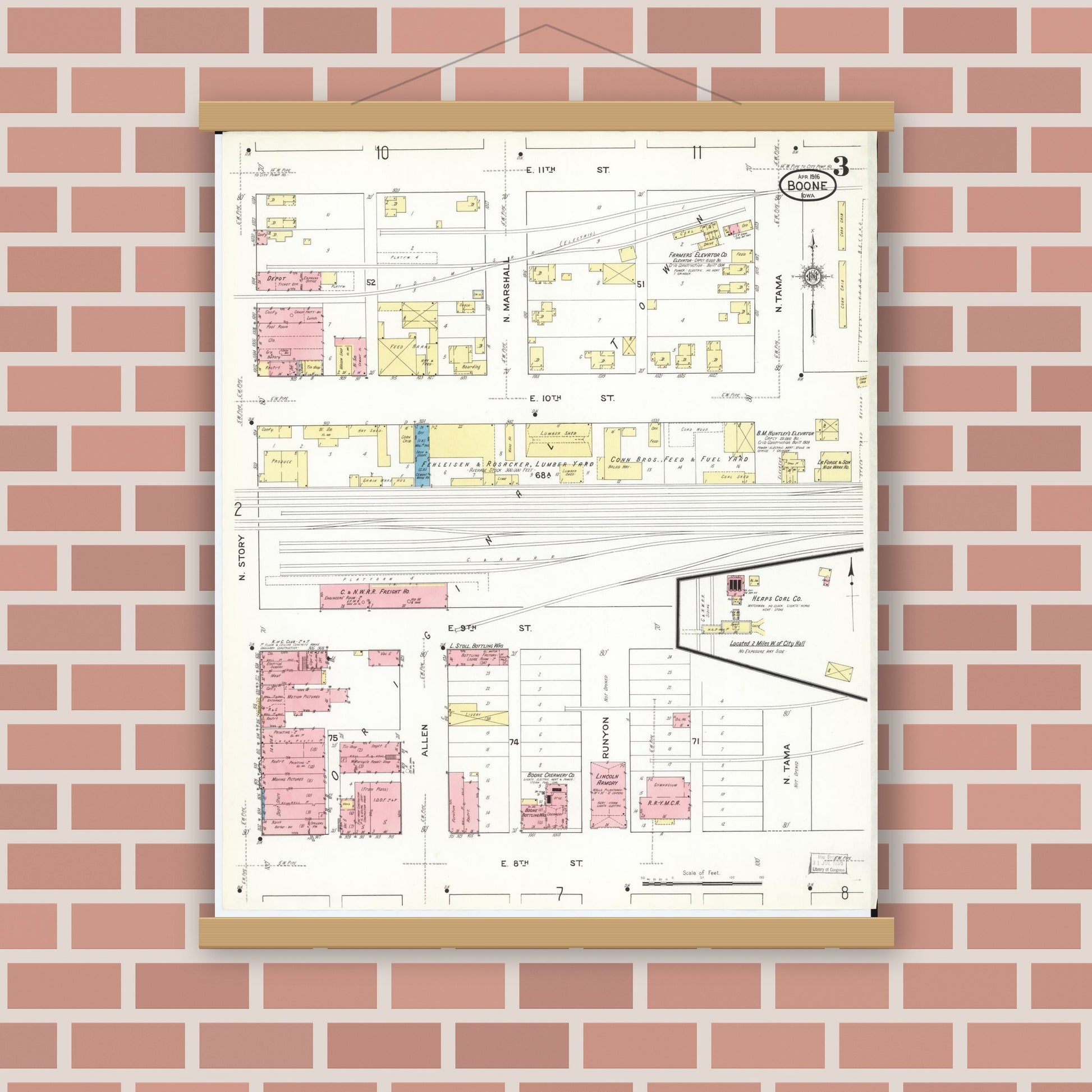 Old map wall art mockup — magnetic wood frame on brick wall — Sanborn Fire Insurance Map from Boone, Boone County, Iowa (1916), Sheet #0003