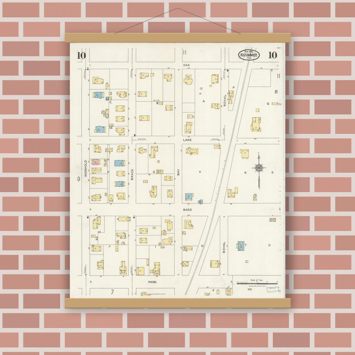 Old map wall art mockup — magnetic wood frame on brick wall — Sanborn Fire Insurance Map from Kissimmee, Osceola County, Florida (1926), Sheet #0010