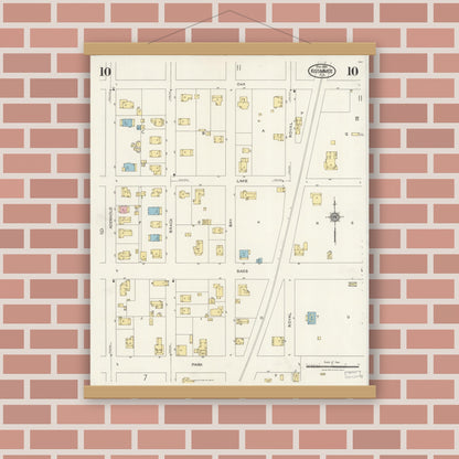 Old map wall art mockup — magnetic wood frame on brick wall — Sanborn Fire Insurance Map from Kissimmee, Osceola County, Florida (1926), Sheet #0010