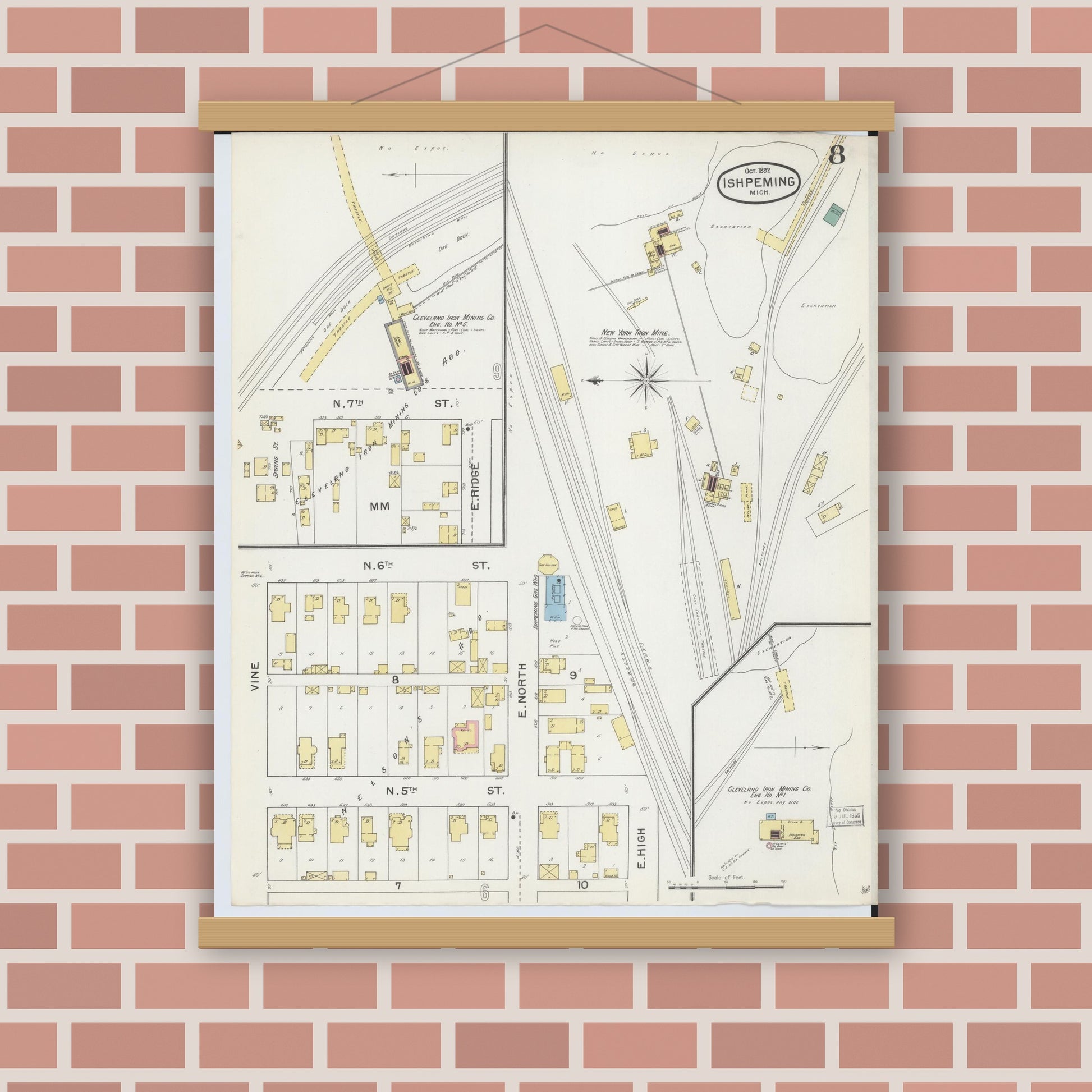 Old map wall art mockup — magnetic wood frame on brick wall — Sanborn Fire Insurance Map from Ishpeming, Marquette County, Michigan (1892), Sheet #0008