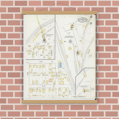 Old map wall art mockup — magnetic wood frame on brick wall — Sanborn Fire Insurance Map from Ishpeming, Marquette County, Michigan (1892), Sheet #0008