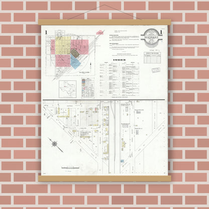 Old map wall art mockup — magnetic wood frame on brick wall — Sanborn Fire Insurance Map from Seagraves, Gaines County, Texas (1940) - Complete Map Set